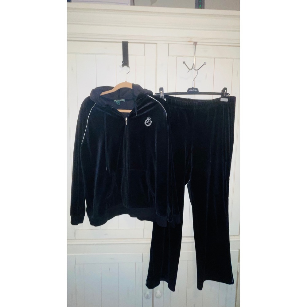 Lauren Active Ralph Lauren Womens 2X Black Velour Tracksuit Hoodie Pants Set